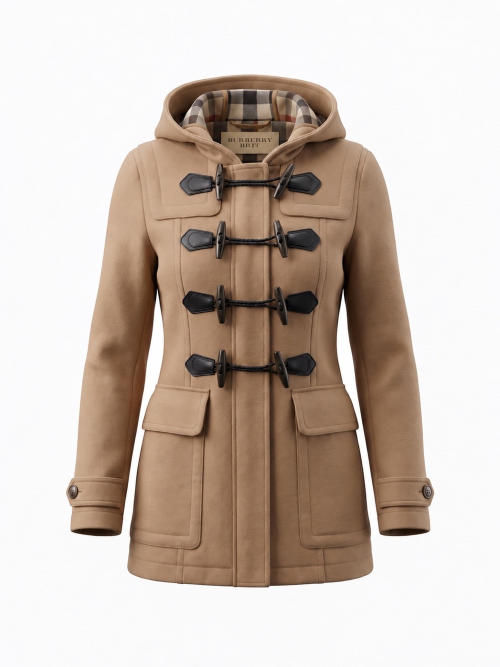 Burberry Brit Blackwell Camel Wool Duffle Coat Hooded Toggle US 4 IT 38